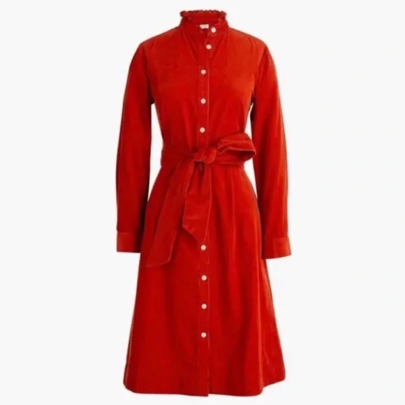 J. Crew burnt orange corduroy button down waist tie ruffle neck dress, size 18 - Picture 5 of 11